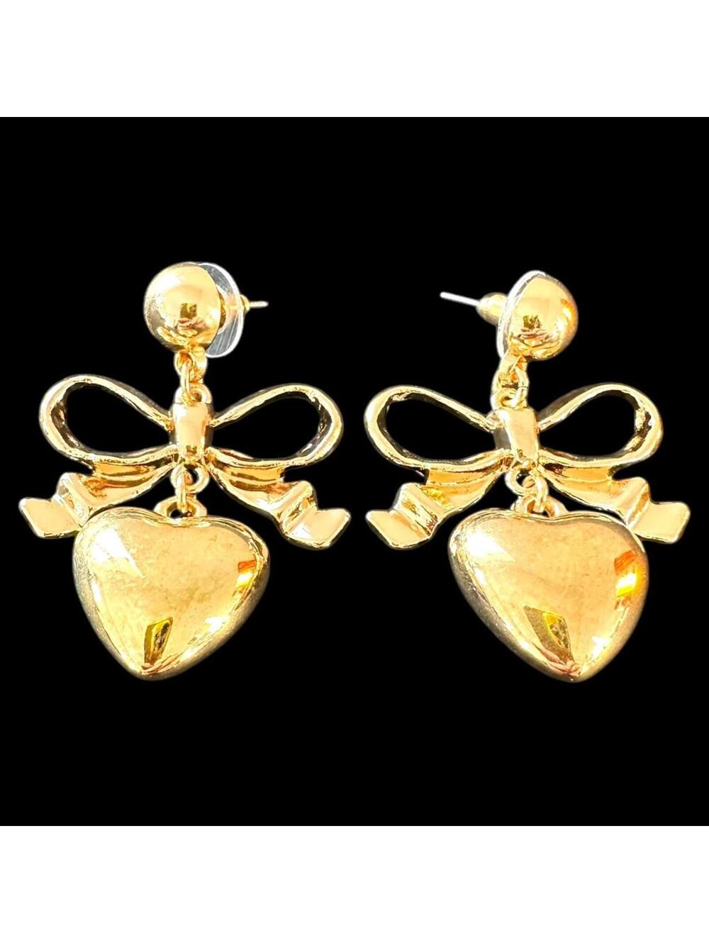 Vintage Gold Tone Heart and Bow Drop Earrings